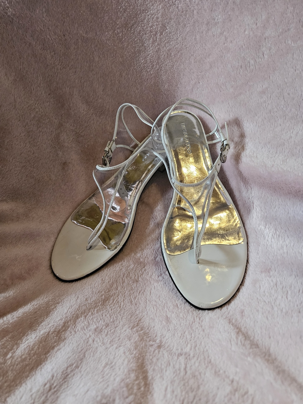 White Metallic Insole Clear Strap Women's Sandals By Bernardo